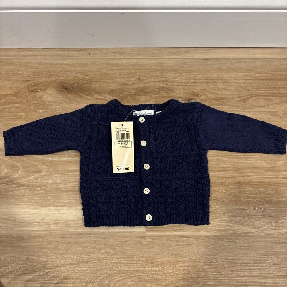Ralph Lauren Layette Blue Sweater 0-3 Months Button Up New 100% Cotton Vintage